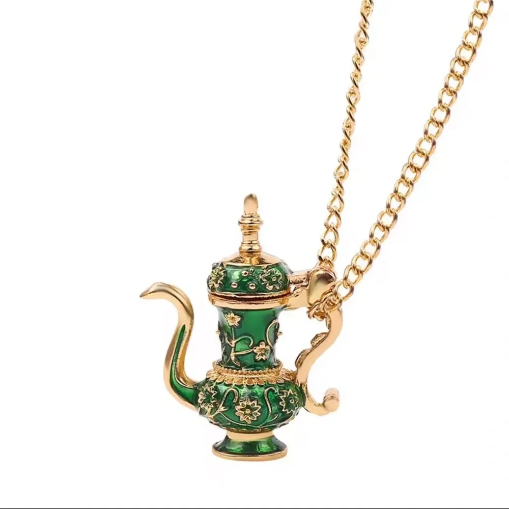 Vintage Green Teapot โ Gold Enamel Long Chain Beautiful Necklace - Picture 3 of 7